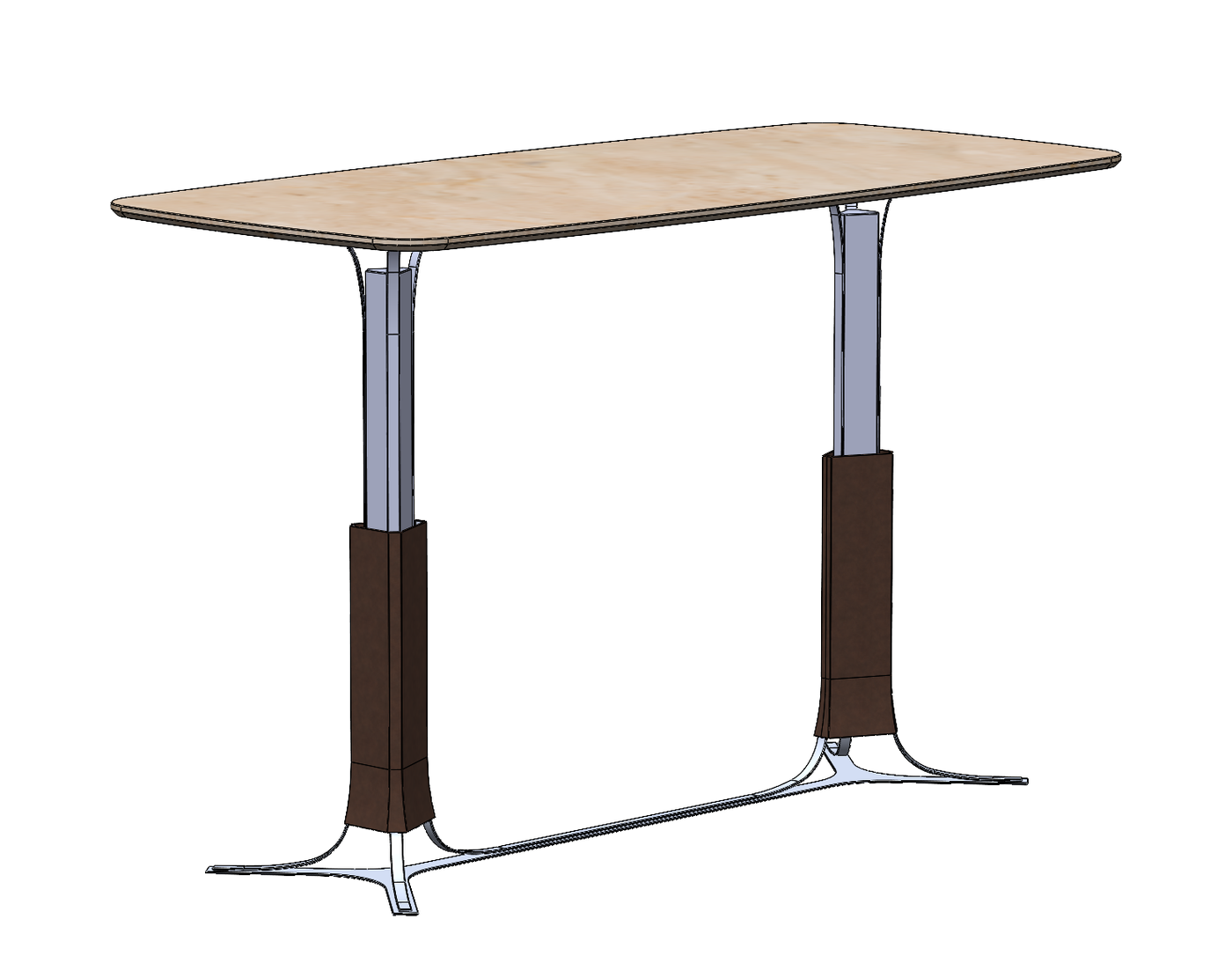 SolidWorks model of the sit-stand desk with the columns raised to standing height